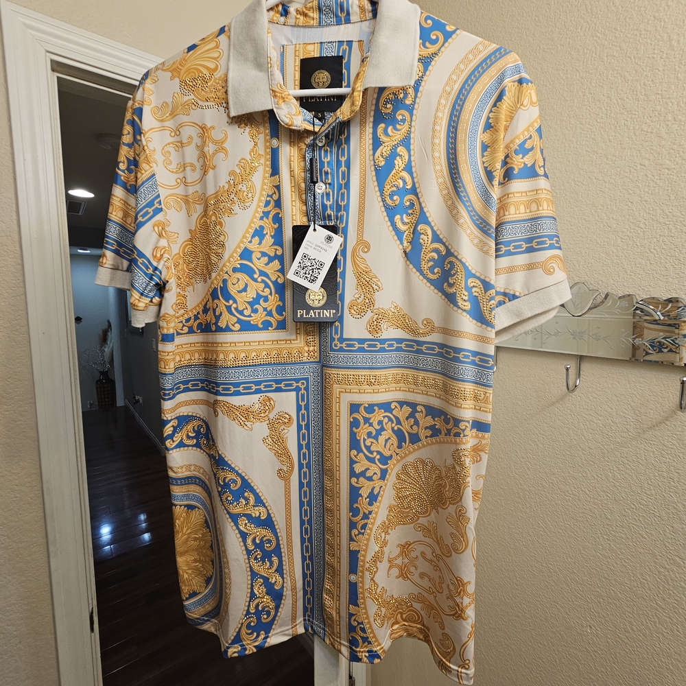 Blue and Gold Casual Button Down Shirt with Baroque Print